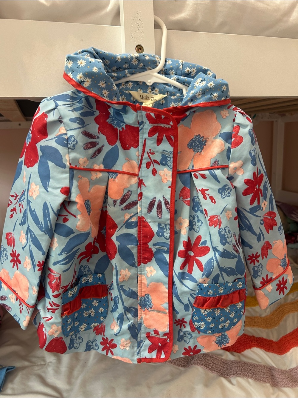 MATILDA JANE Blue Floral TODDLER Hooded Coat with Red Trim